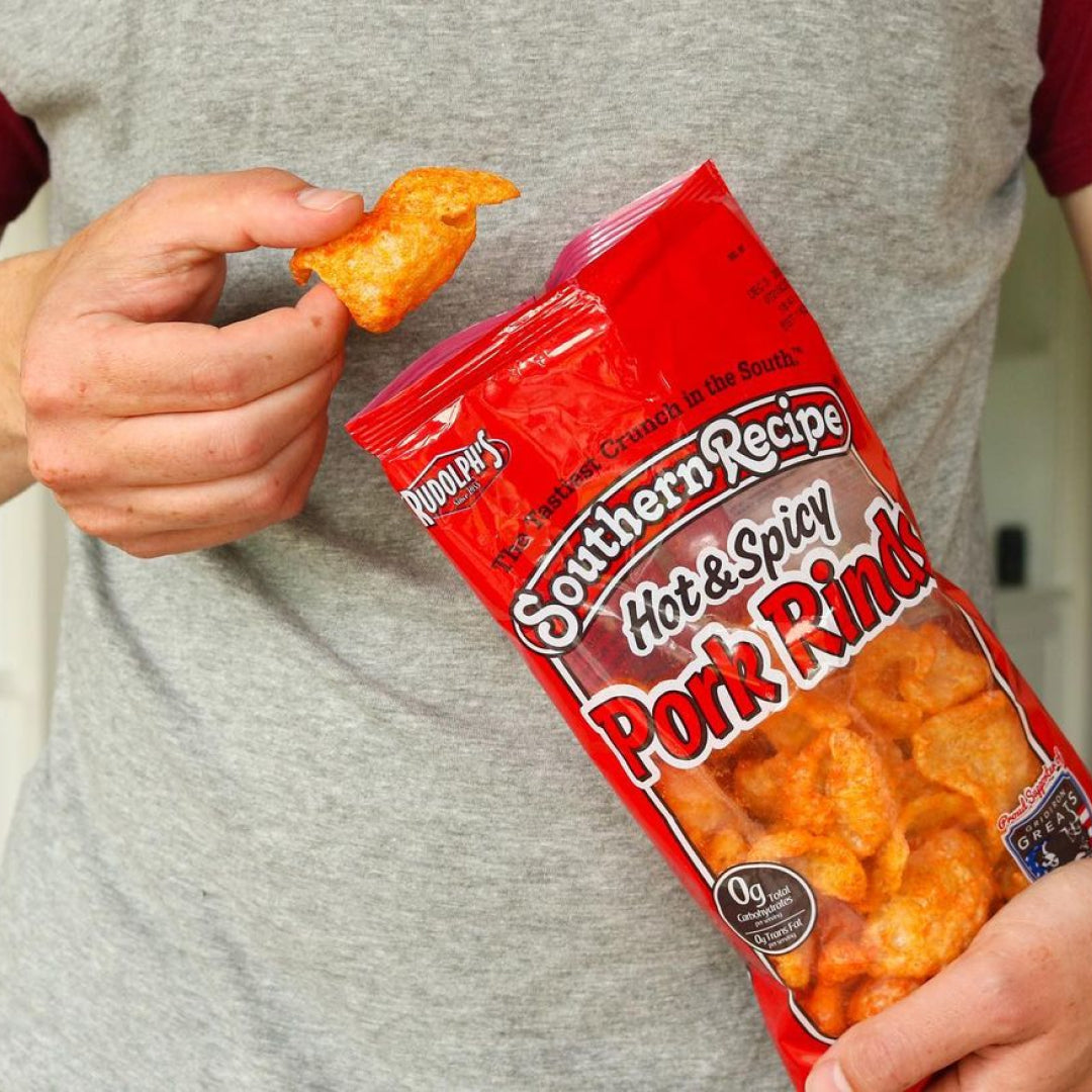 A bag of southern recipe hot & spicy pork rinds