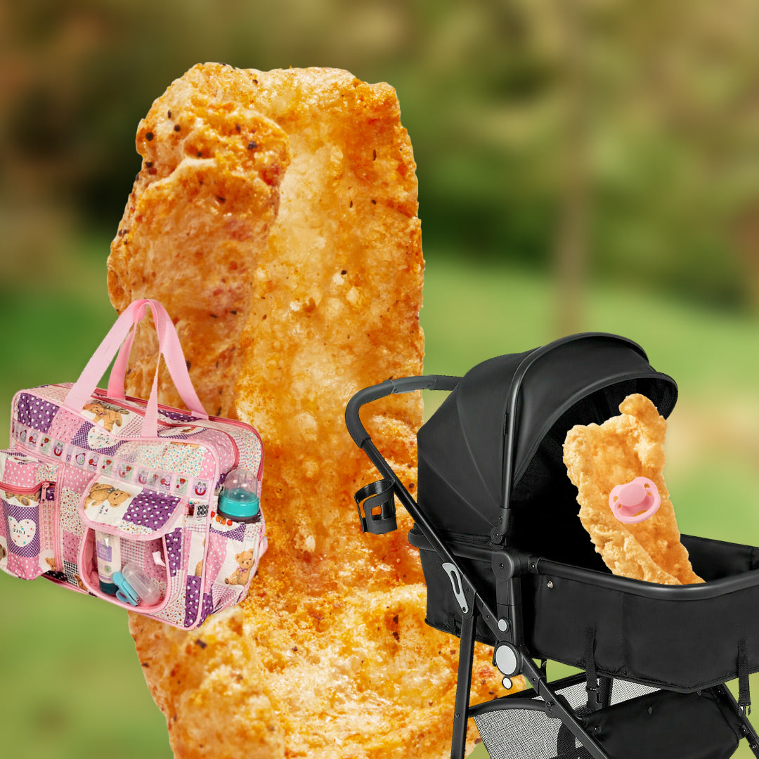 Pork Rind mother pushes around a pork rind baby with a binkie in a stroller