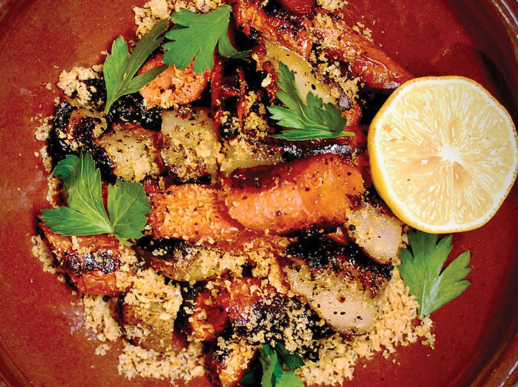 Honey Roasted Asian Pear with Pork Rind Crumble recipe