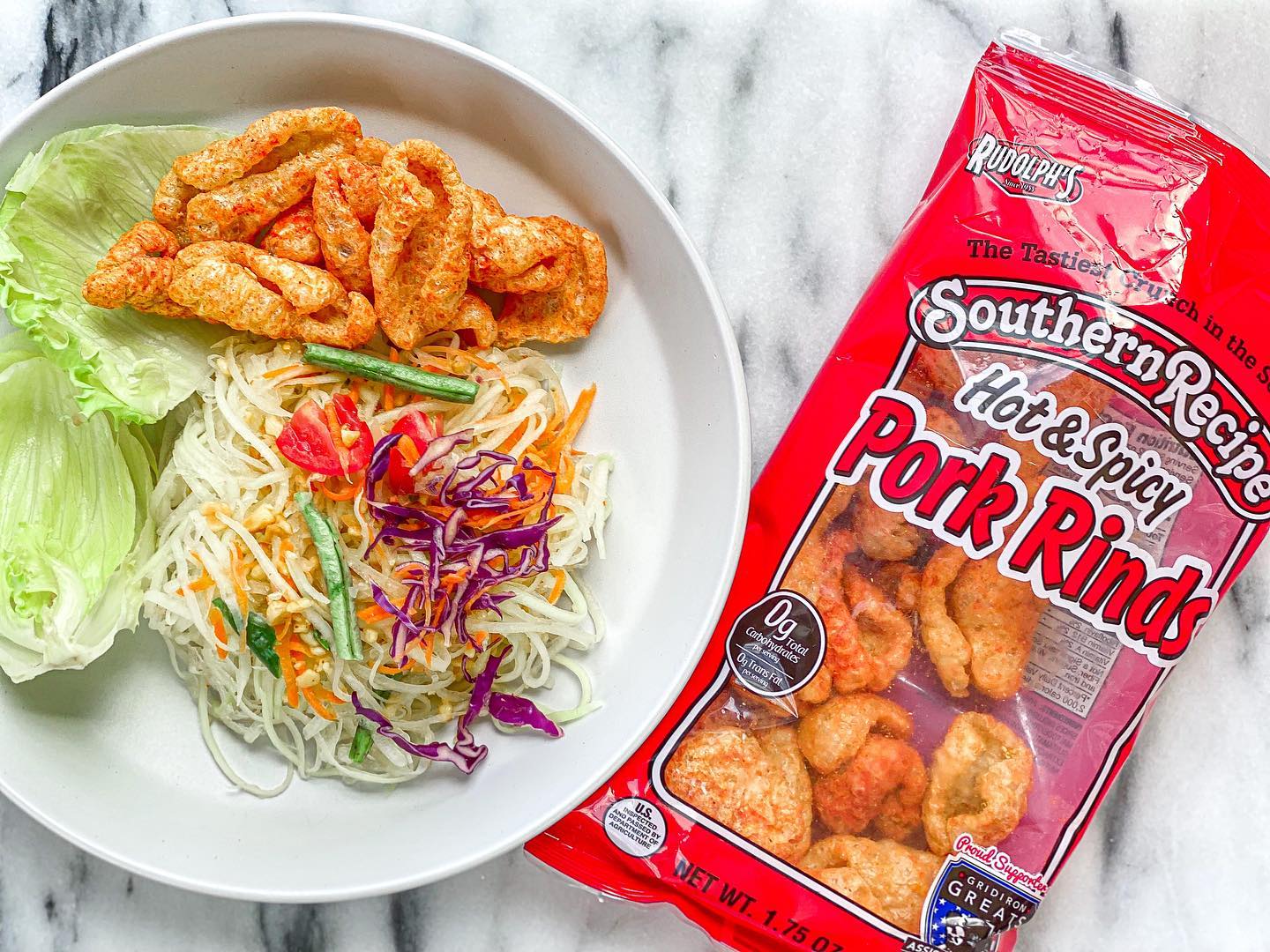 A bag of Southern Recipe Hot & Spicy Paleo Friendly Pork Rinds